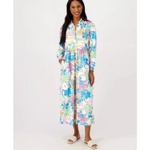 Tolani Martina Button Front Floral Midi Dress Size Medium Blue Tropical Relaxed - Picture 1 of 12